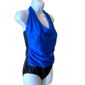 Longitude One Piece Swimsuit Blue Halter With Ruching Top Black Bottom Size 14